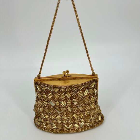 Vtg MCM Handmade Glass Beaded Hand Bag Mini Gold Clutch Kiss Lock Micro 50s 60s - Picture 2 of 10